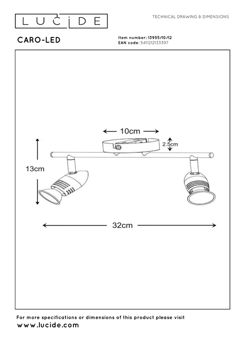 Lucide CARO-LED - Spot plafond - LED - GU10 - 2x5W 2700K - Chrome Dépoli - technique
